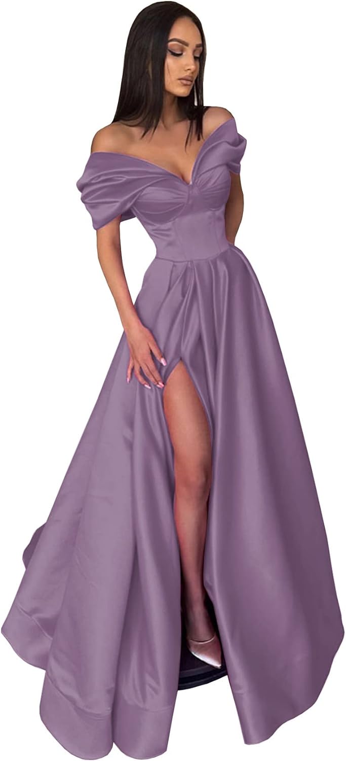 Women’s Off The Shoulder Prom Dresses with Slit Satin Ruched Long Formal Evening Gowns