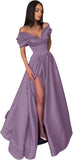 Women’s Off The Shoulder Prom Dresses with Slit Satin Ruched Long Formal Evening Gowns