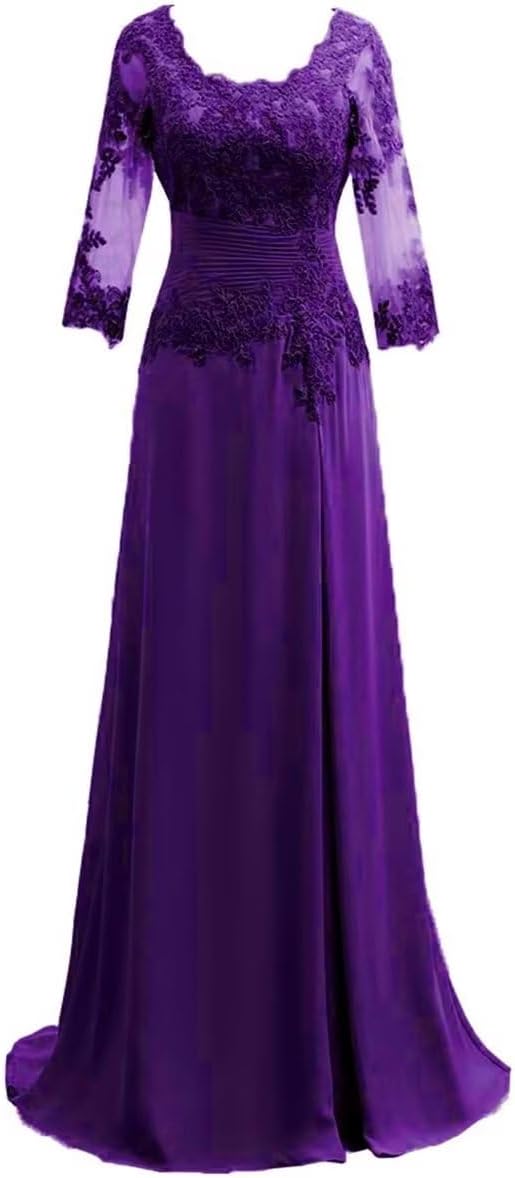 Women's Lace Appliqued Mother of The Bride Dresses 3/4 Sleeves Scoop Long Formal Evening Dress