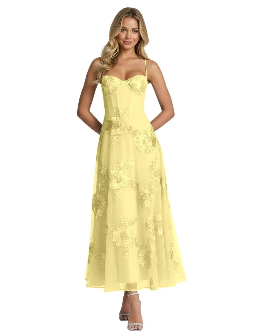 Jacquard Tulle Prom Dresses Spaghetti Straps Formal Evening Party Dress Tea Length
