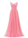 Women's Lace Chiffon Bridesmaid Dresses for Wedding Long Spaghetti Straps Bodice Formal Party Gown with Pockets