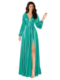 Kingbridal Gowns Long Sleeve Satin Bridesmaid Dresses for Women Long A-Line V-Neck Pleated Formal Evening Party Ball Gown with Slit