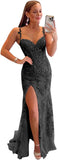 Women's Lace Mermaid Prom Dresses Long with Slit Mermaid Spaghetti Straps Backless Formal Evening Gowns