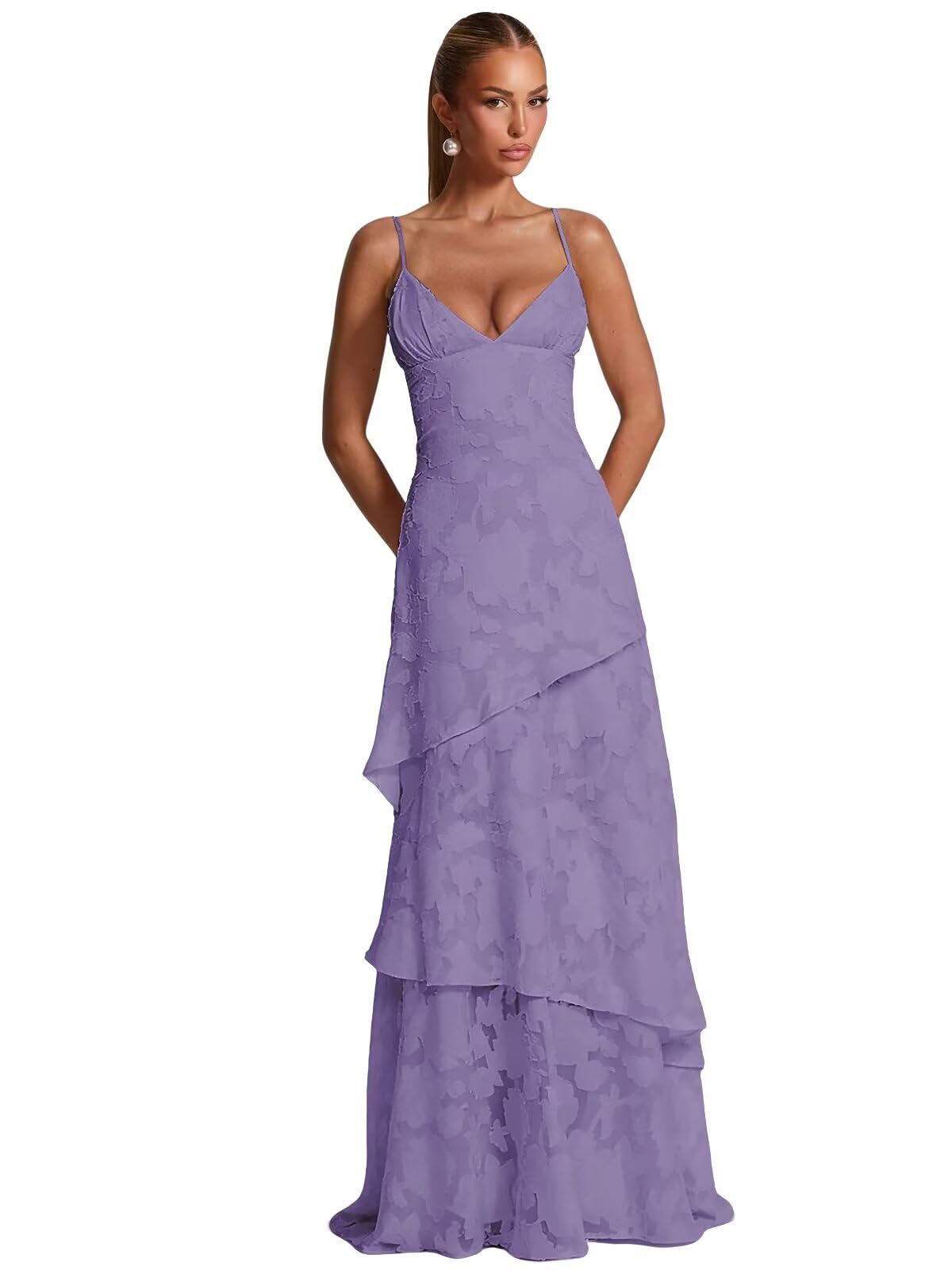 Spaghetti Strap Floral Bridesmaid Dresses for Women Tiered Ruffle A-Line Long Formal Prom Dress
