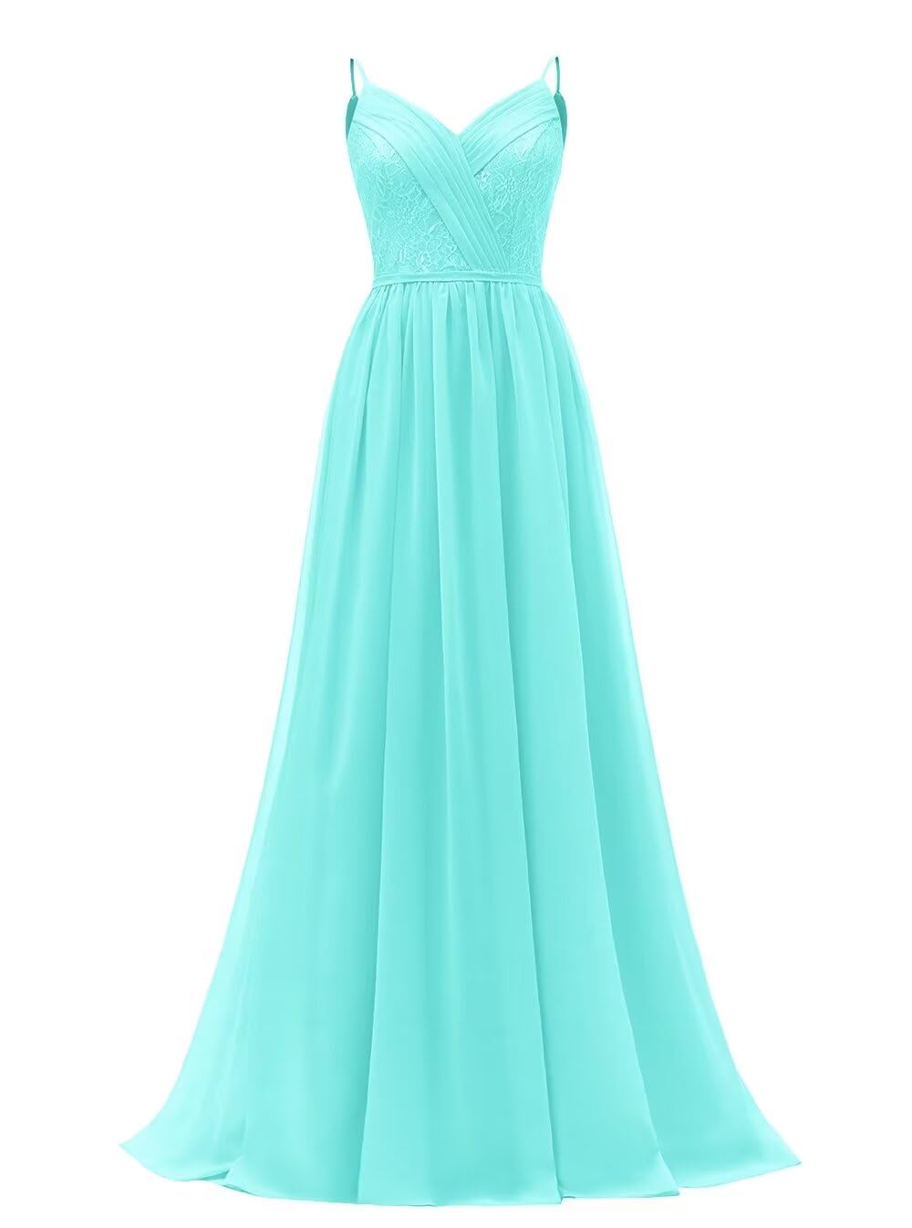 Women's Lace Chiffon Bridesmaid Dresses for Wedding Long Spaghetti Straps Bodice Formal Party Gown with Pockets