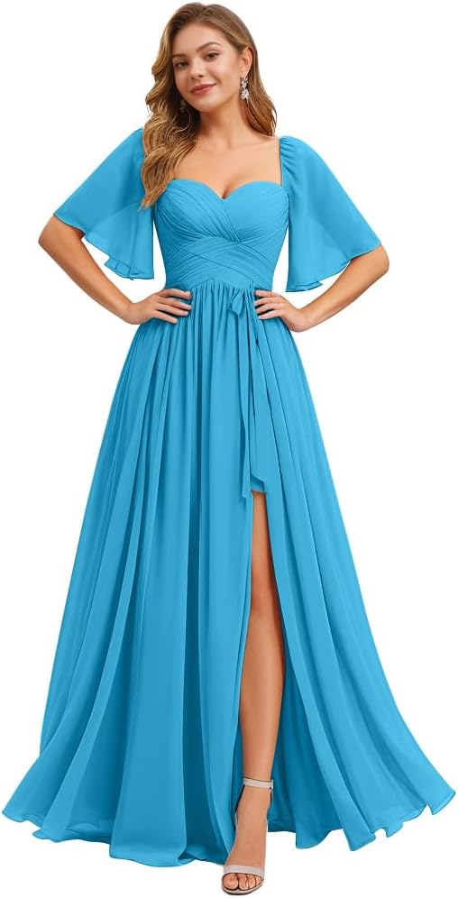 Women's Chiffon Bridesmaid Dresses for Wedding Flutter Sleeves Ruched A Line Long Formal Dress with Slit