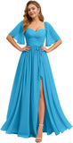Women's Chiffon Bridesmaid Dresses for Wedding Flutter Sleeves Ruched A Line Long Formal Dress with Slit
