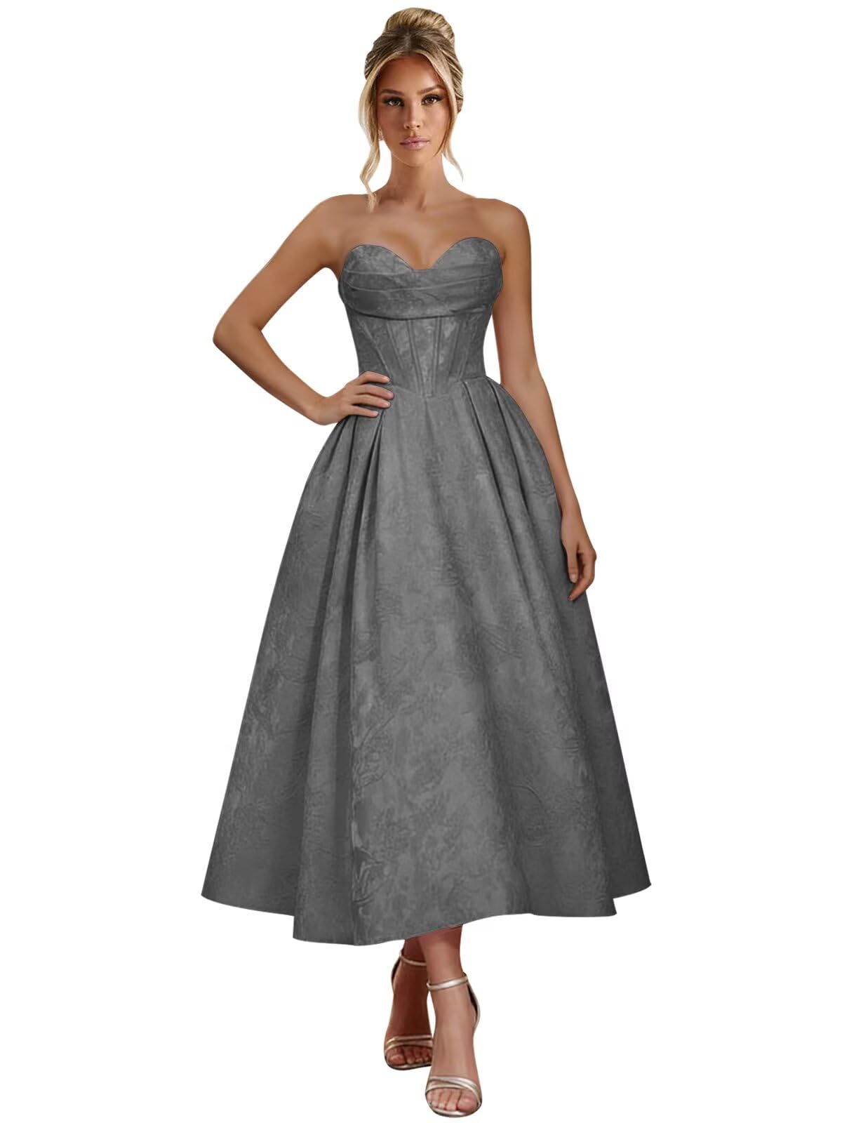 Jacquard Satin Prom Dresses for Women Strapless Tea Length Sweetheart Neck A-line Formal Party Dress with Pockets