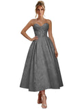 Jacquard Satin Prom Dresses for Women Strapless Tea Length Sweetheart Neck A-line Formal Party Dress with Pockets