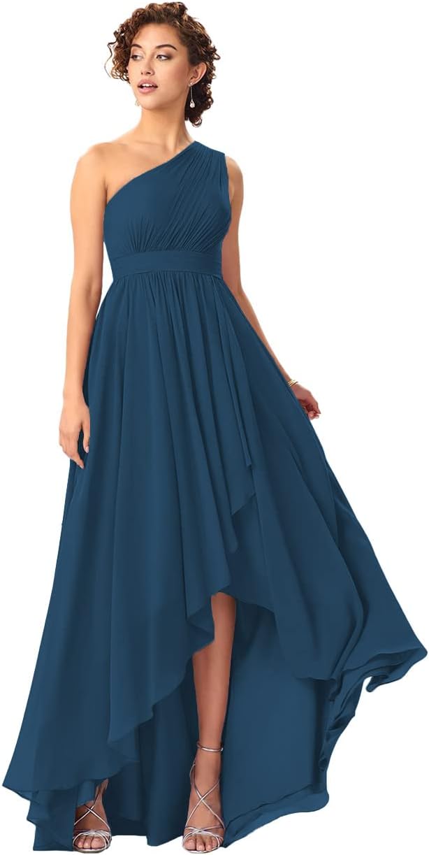 Women's One Shoulder Bridesmaid Dresses High Low Chiffon Formal Party Gowns with Pockets
