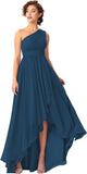 Women's One Shoulder Bridesmaid Dresses High Low Chiffon Formal Party Gowns with Pockets