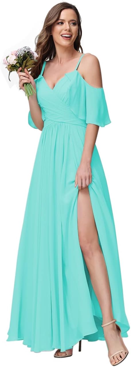 Women's Long Spaghetti Straps Bridesmaid Dress with Slit Off Shoulder Chiffon Formal Party Gowns