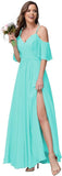 Women's Long Spaghetti Straps Bridesmaid Dress with Slit Off Shoulder Chiffon Formal Party Gowns
