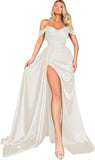 Women's Off Shoulder Mermaid Prom Dresses Long with Slit Pleates Wrap Satin Formal Evening Gowns