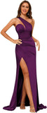 Women's One Shoulder Prom Dress 2025 Satin Long Ruched Mermaid Formal Dresses with Slit