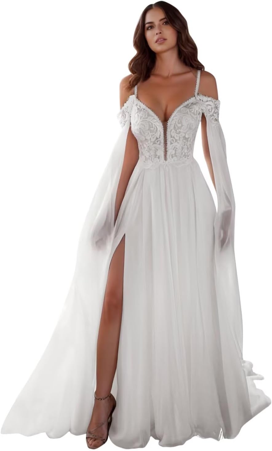Kingbridal Gowns Lace Appliques Wedding Dresses for Bride Long V Neck Tulle Chiffon A-line Sleeveless Bridal Ball Gown for Women