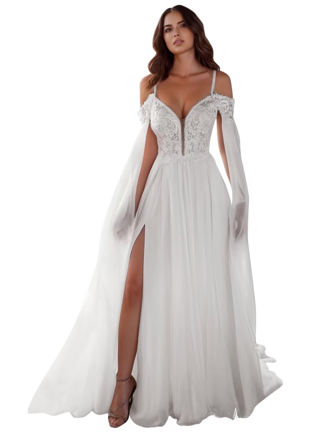 Kingbridal Gowns Lace Appliques Wedding Dresses for Bride Long V Neck Tulle Chiffon A-line Sleeveless Bridal Ball Gown for Women