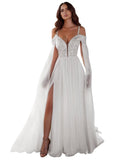 Kingbridal Gowns Lace Appliques Wedding Dresses for Bride Long V Neck Tulle Chiffon A-line Sleeveless Bridal Ball Gown for Women