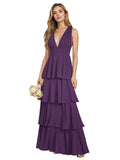 V Neck Chiffon Bridesmaid Dresses for Women 2027 Long Tiered A-Line Ruffles Formal Evening Party Dress