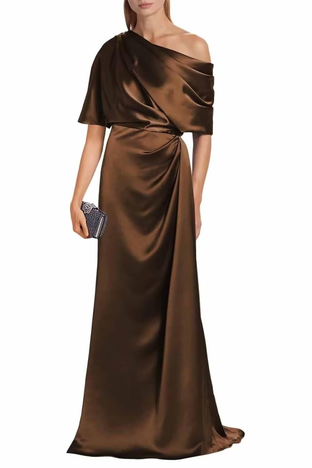 Satin Mother of The Bride Dresses for Wedding One Shoulder Formal Dress with Sleeves Mermaid Evening Party Gowns