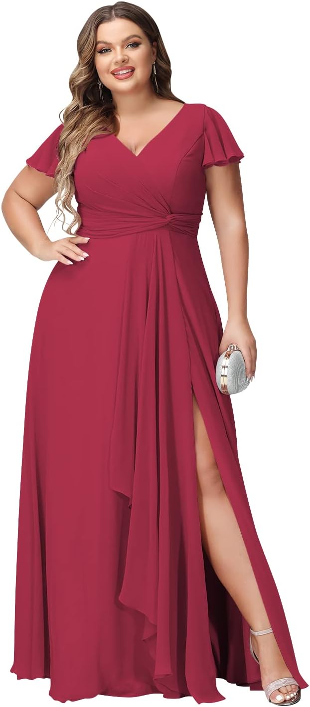 Vestidos de dama de honor de talla grande con mangas con volantes y bolsillos, vestido formal largo con escote en V y abertura. 