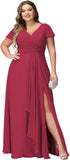 Vestidos de dama de honor de talla grande con mangas con volantes y bolsillos, vestido formal largo con escote en V y abertura. 