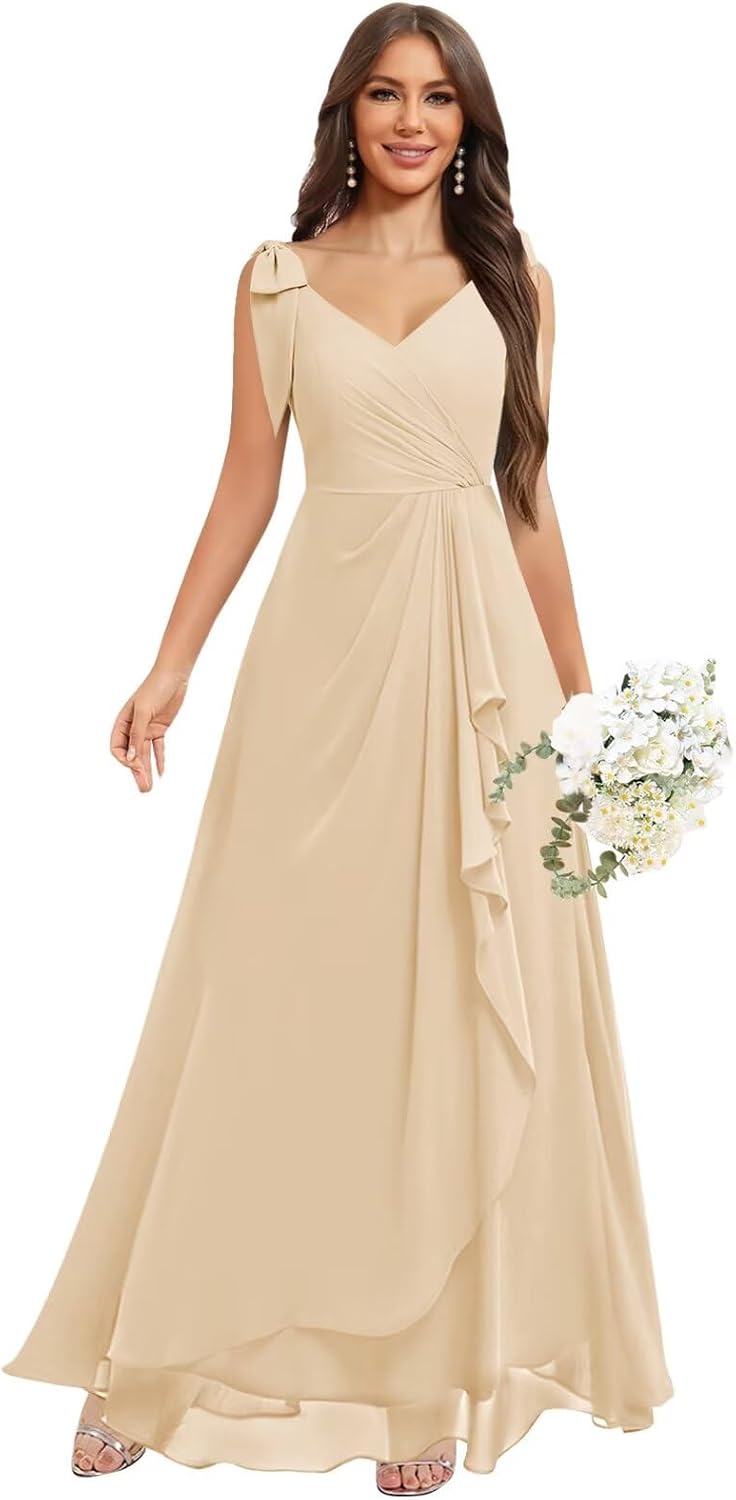 Chiffon Bridesmaid Dresses for Women Ruffles V Neck Flowy Long Formal Evening Dress with Bow