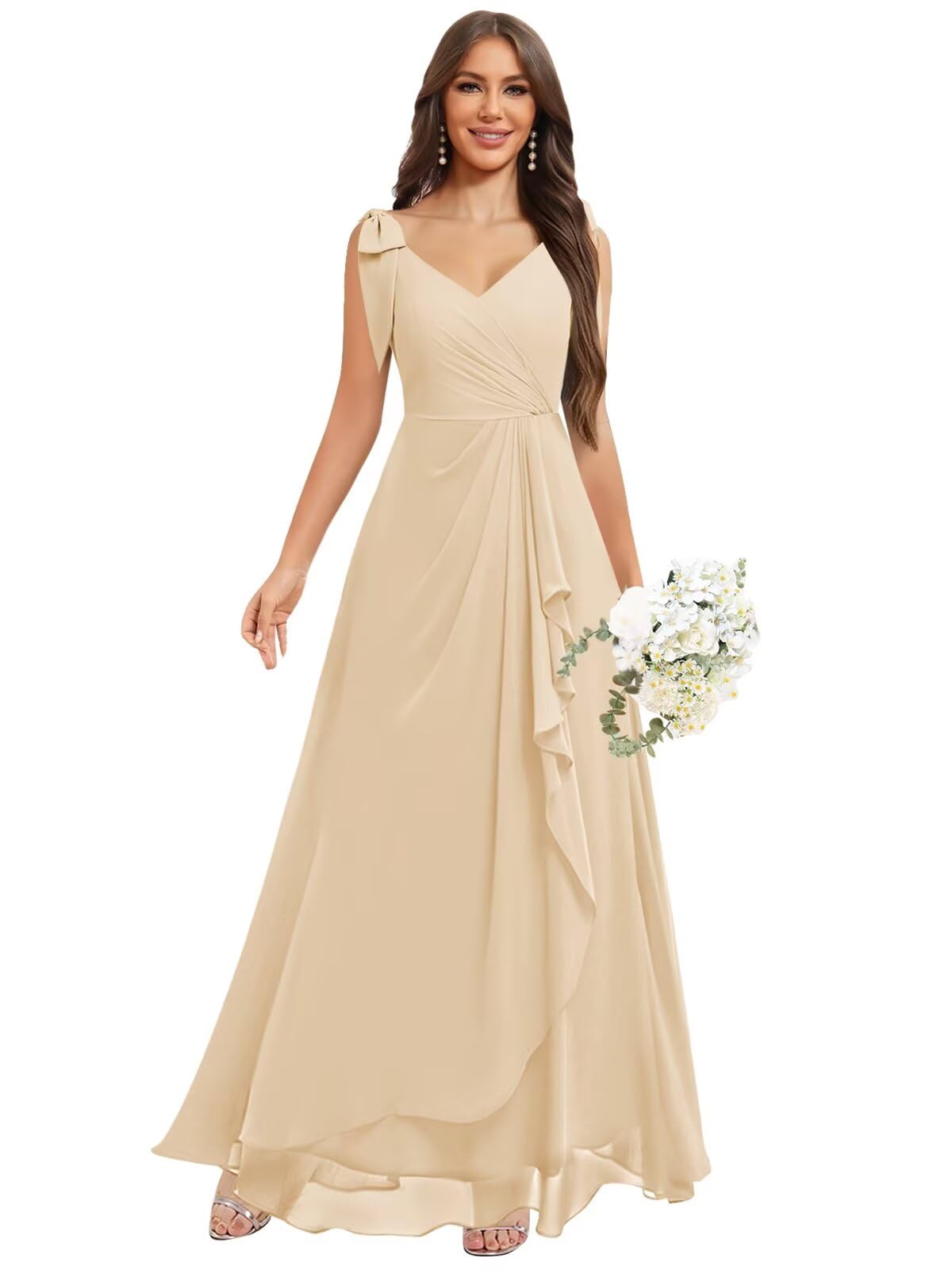 Chiffon Bridesmaid Dresses for Women Ruffles V Neck Flowy Long Formal Evening Dress with Bow