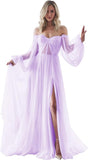 Women's Puffy Long Sleeve Prom Dresses with Slit Off Shoulder Tulle Wedding Formal Evening Gowns