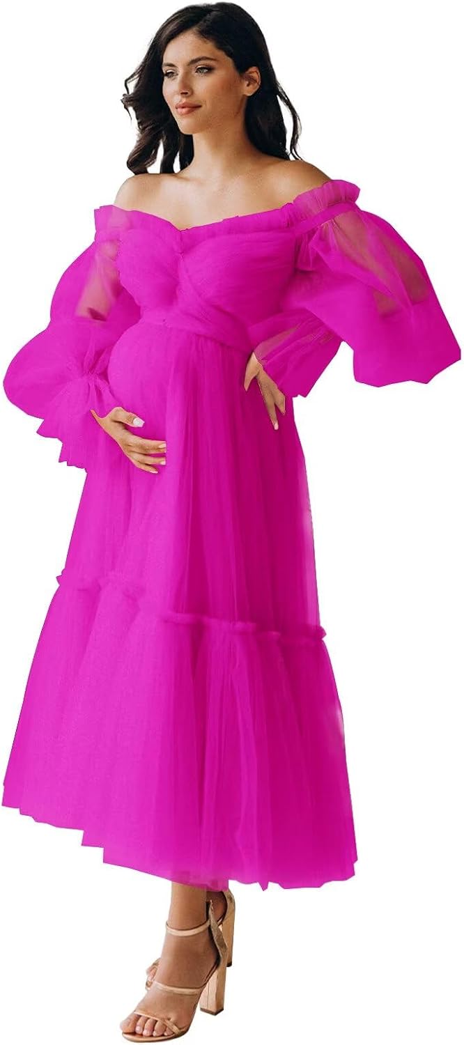 Tulle Tea Length Maternity Dresses for Photo Shoot Long Sleeve Pregnancy Gown for Baby Shower