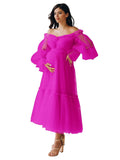 Eightale Tulle Tea Length Maternity Dresses for Photo Shoot Long Sleeve Pregnancy Gown for Baby Shower