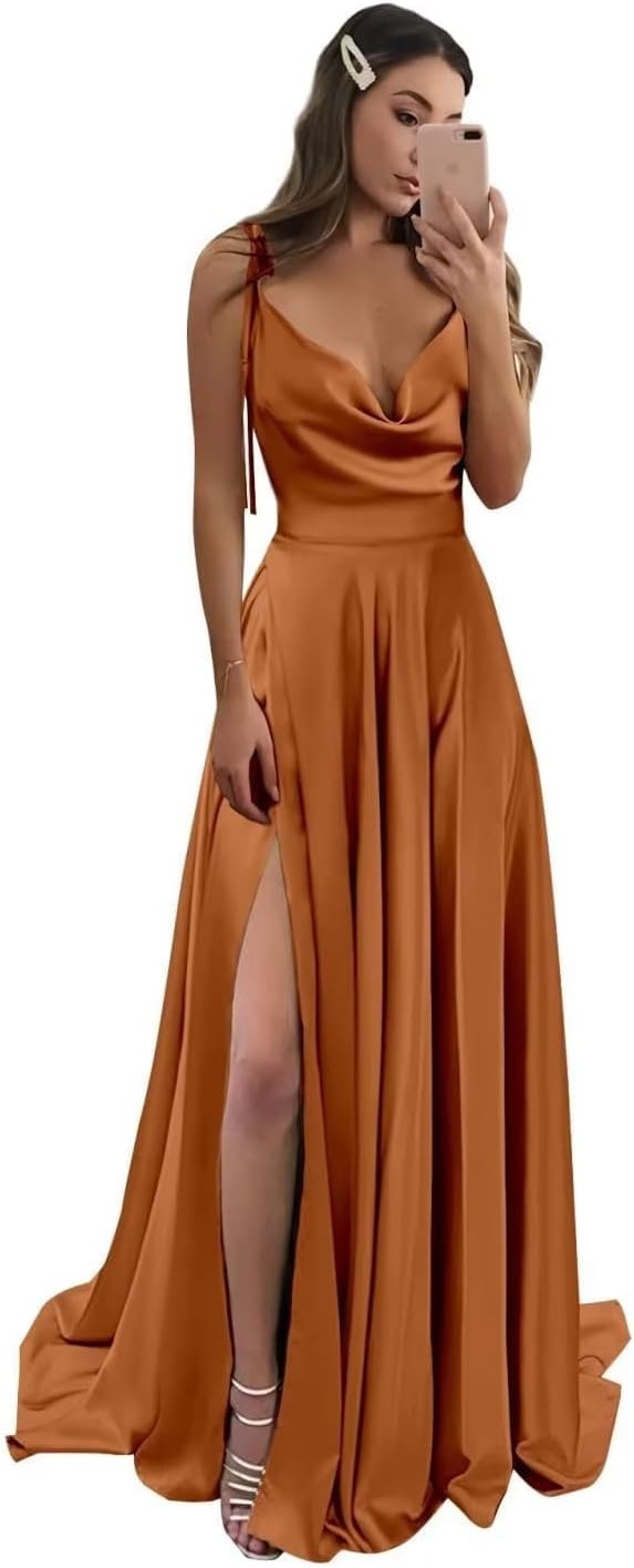 Vestidos de fiesta largos de satén con abertura alta para mujer, 2024, tirantes finos ajustables, vestidos de fiesta formales con bolsillos 