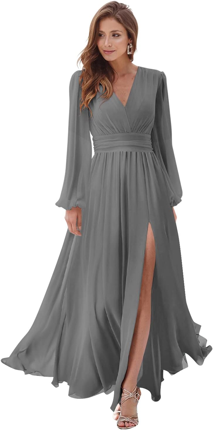 Women's Long Sleeve Bridesmaid Dresses with Slit V Neck A Line Chiffon Formal Evening Gowns with Pockets Mother of the Bride Gowns
