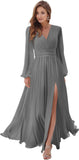 Women's Long Sleeve Bridesmaid Dresses with Slit V Neck A Line Chiffon Formal Evening Gowns with Pockets Mother of the Bride Gowns
