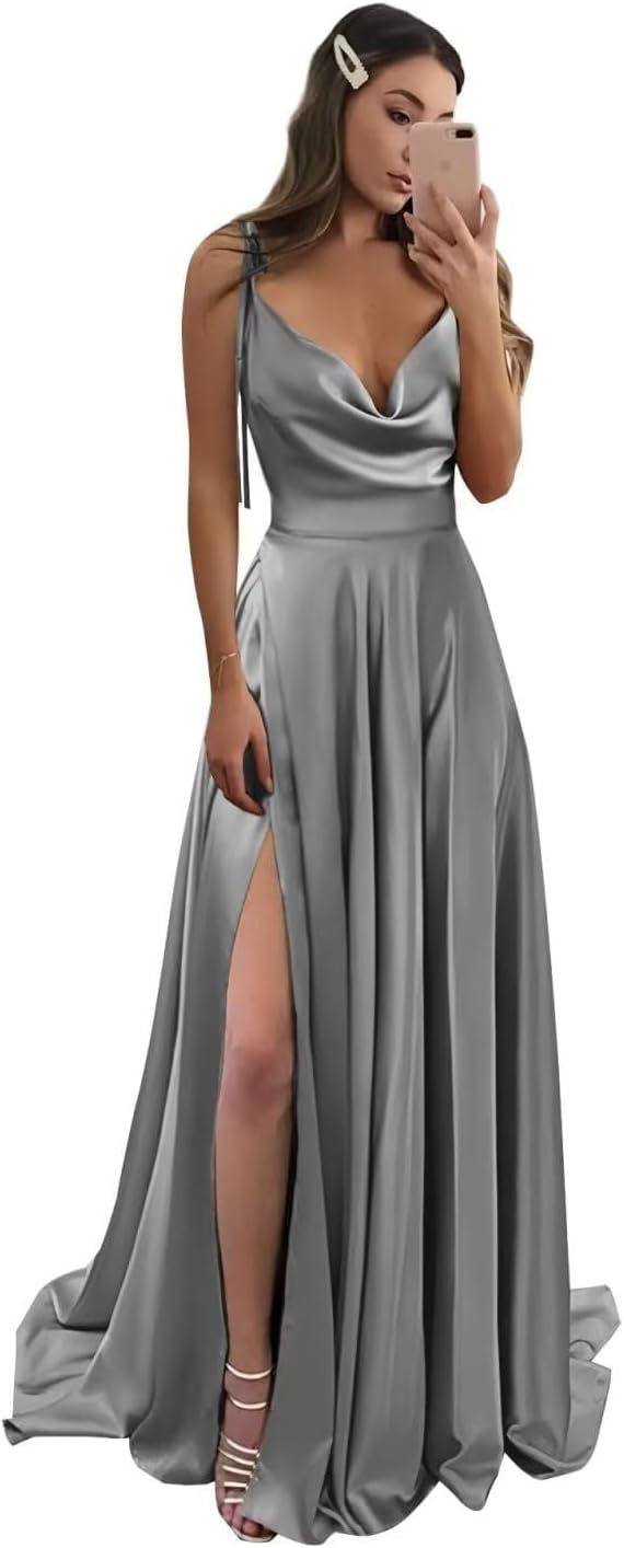 Vestidos de fiesta largos de satén con abertura alta para mujer, 2024, tirantes finos ajustables, vestidos de fiesta formales con bolsillos 