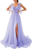 Appliques Tulle Lace Prom Dresses with Slit Spaghetti Straps Formal Evening Dress Sweetheart Ball Gowns