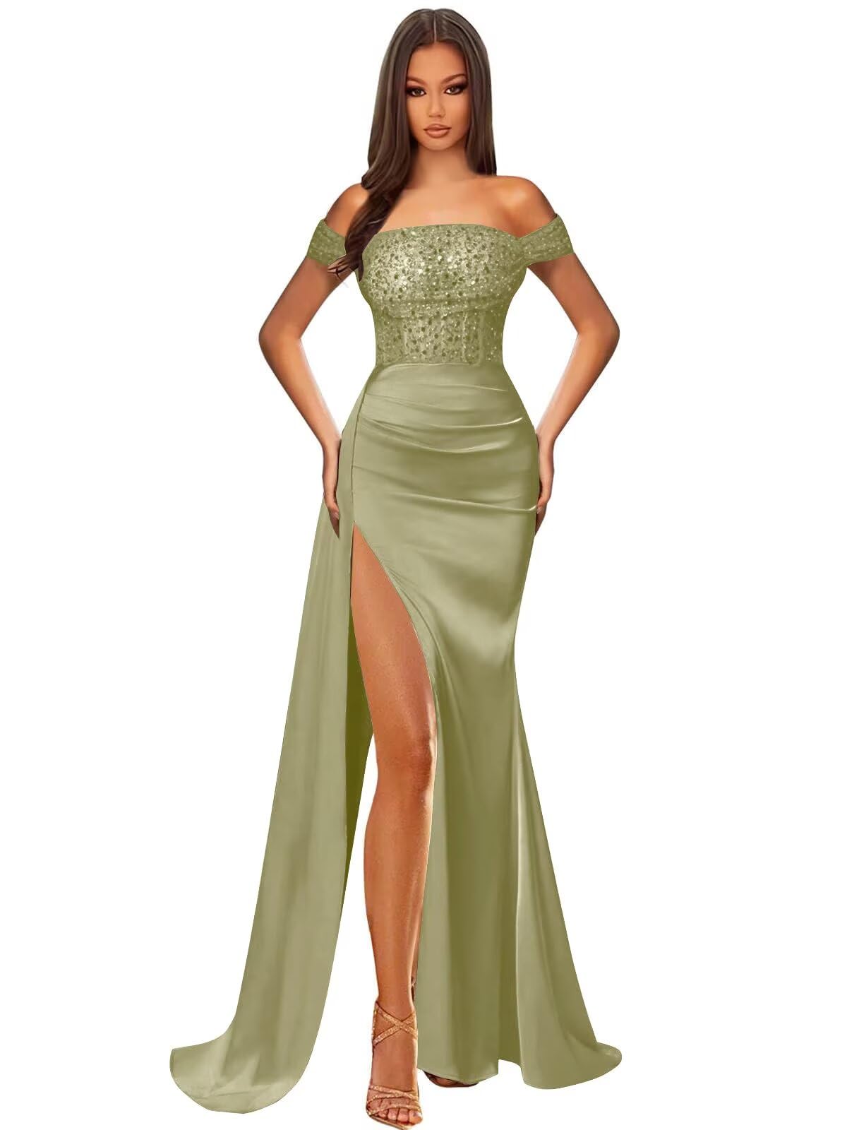 Off Shoulder Sequin Prom Dresses for Women 2027 Long Mermaid Tight Satin Formal Evening Party Dress with Slit