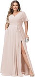 Plus Size Bridesmaid Dresses with Pockets V Neck Chiffon Flutter Sleeves Formal Evening Gowns with Slit