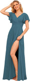 V Neck Bridesmaid Dresses for Women with Slit 2025 Flutter Sleeve Chiffon Pleats Formal Dress with Pockets