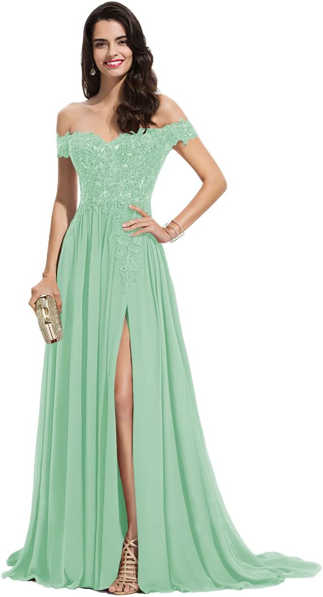 Women's Off The Shoulder Long Prom Dresses with Slit Lace Appliqued Chiffon Formal Party Gowns