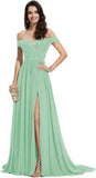 Women's Off The Shoulder Long Prom Dresses with Slit Lace Appliqued Chiffon Formal Party Gowns