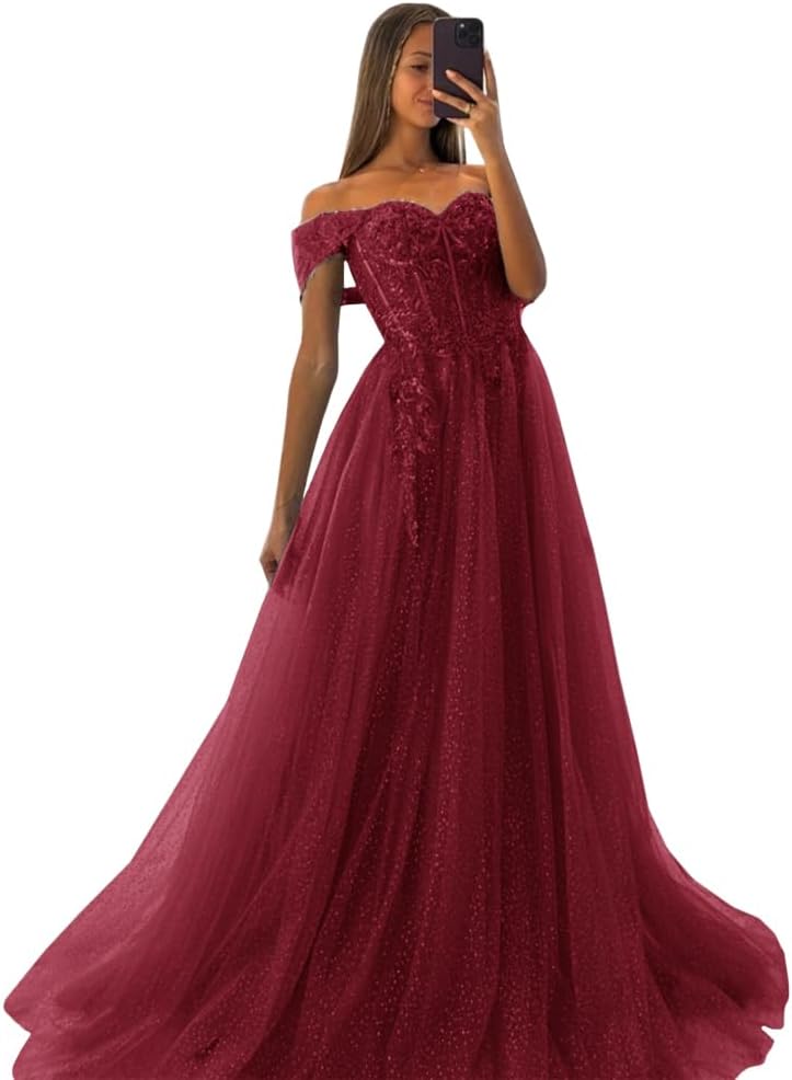 Off The Shoulder Tulle Prom Dresses 2027 Lace Applique A Line Long Sparkly Formal Evening Party Gowns
