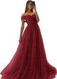 Off The Shoulder Tulle Prom Dresses 2027 Lace Applique A Line Long Sparkly Formal Evening Party Gowns
