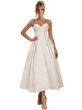 Jacquard Satin Prom Dresses for Women Strapless Tea Length Sweetheart Neck A-line Formal Party Dress with Pockets