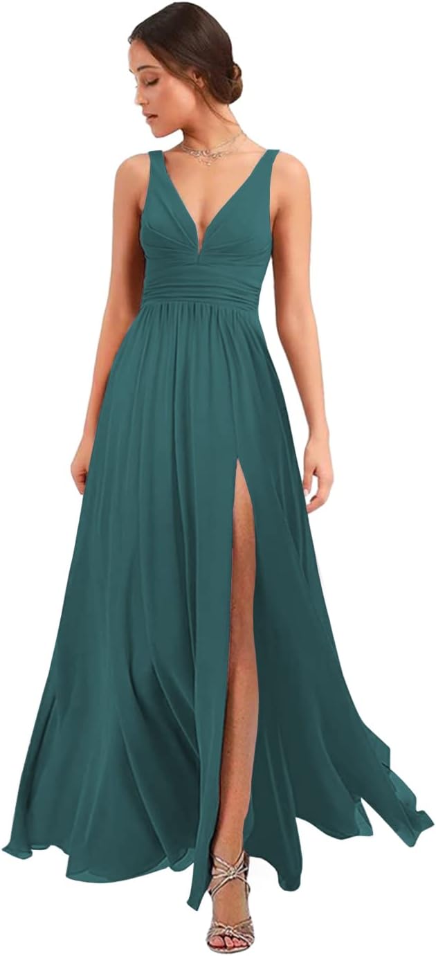 Women's Deep V Neck Bridesmaid Dresses with Slit Chiffon Pleats A Line Formal Party Dresses with Pockets