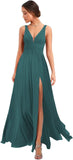 Women's Deep V Neck Bridesmaid Dresses with Slit Chiffon Pleats A Line Formal Party Dresses with Pockets