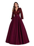 Satin Mother of Bride Dresses Long for Women Sequin Long Sleeve Evening Gown with Pockets