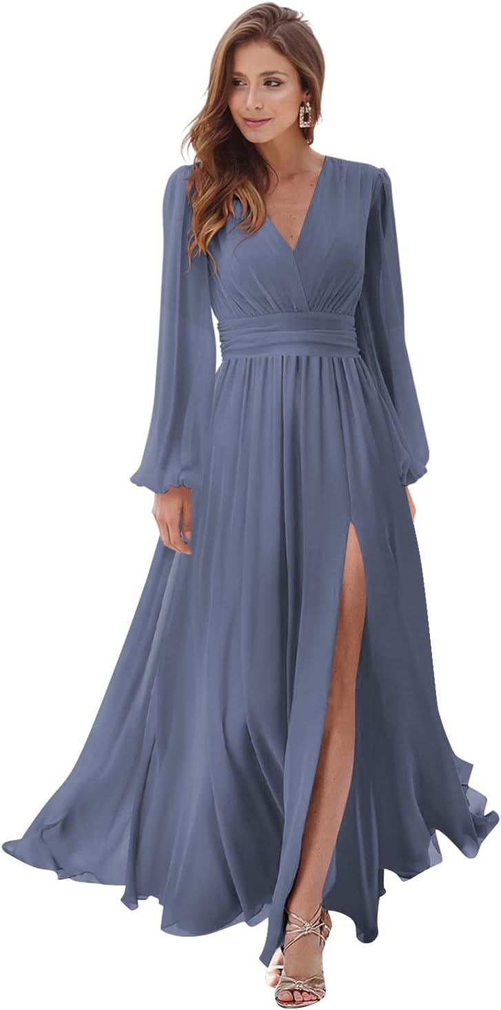 Women's Long Sleeve Bridesmaid Dresses with Slit V Neck A Line Chiffon Formal Evening Gowns with Pockets Mother of the Bride Gowns