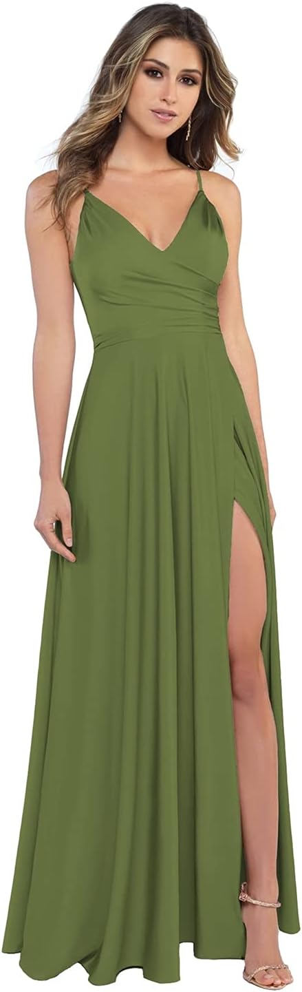 Damen-Brautjungfernkleider aus Satin mit V-Ausschnitt und Schlitz, Spaghettiträgern, formelle Ballkleider mit Taschen 