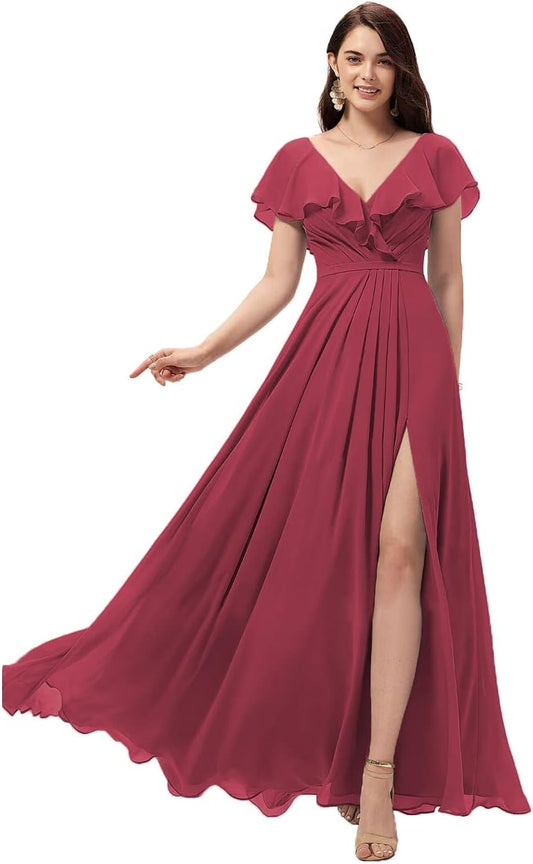 Vestidos de dama de honor largos con escote en V y volantes de gasa para mujer, vestidos de noche formales
